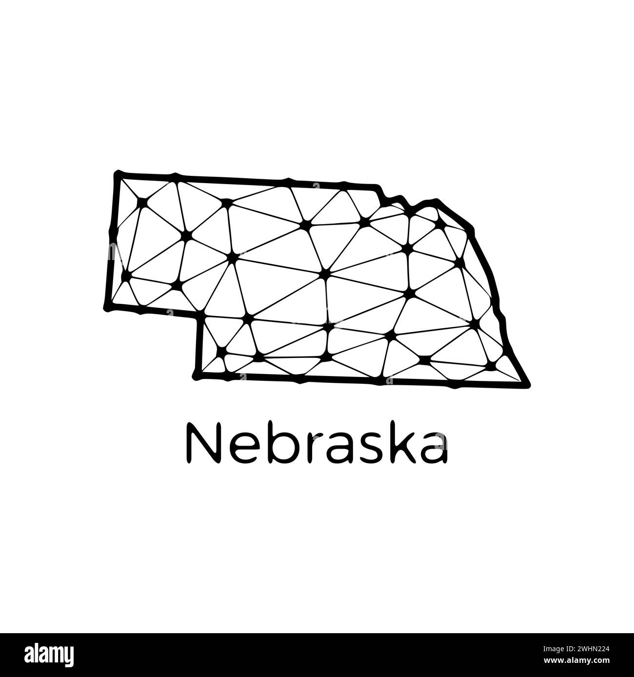Illustrazione poligonale della mappa di stato del Nebraska fatta di linee e punti, isolata su sfondo bianco. STATI UNITI: Design a basso poli Foto Stock
