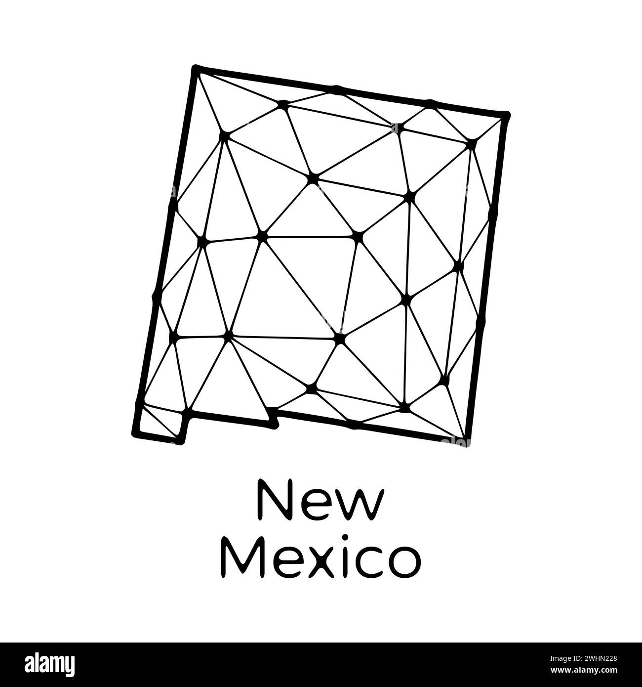 Illustrazione poligonale della mappa dello stato del New Mexico fatta di linee e punti, isolata su sfondo bianco. STATI UNITI: Design a basso poli Foto Stock