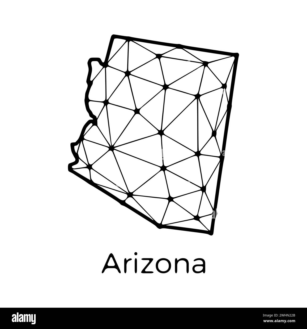 Illustrazione poligonale della mappa dello stato dell'Arizona fatta di linee e punti, isolata su sfondo bianco. STATI UNITI: Design a basso poli Foto Stock