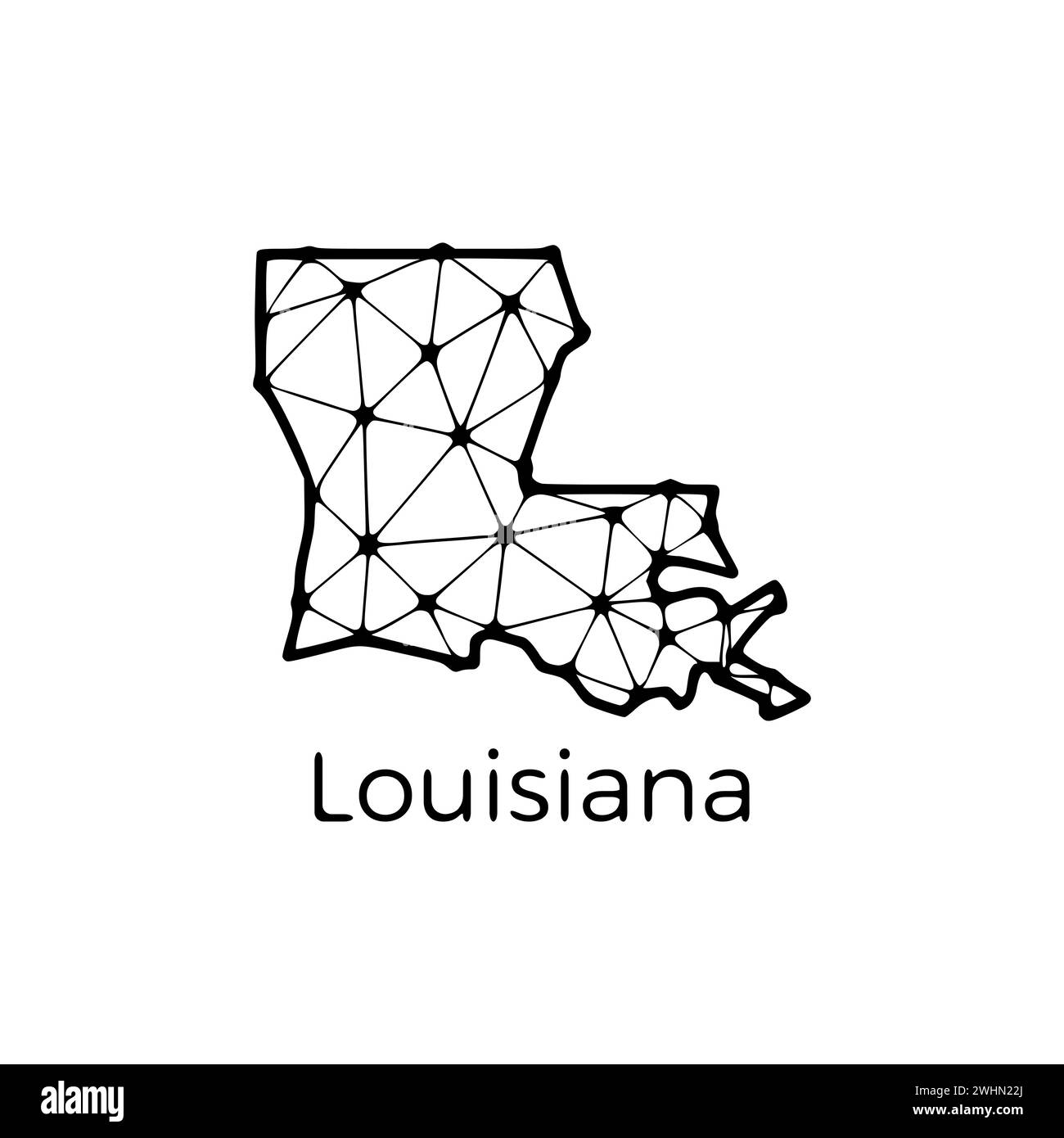 Mappa dello stato della Louisiana illustrazione poligonale fatta di linee e punti, isolata su sfondo bianco. STATI UNITI: Design a basso poli Foto Stock