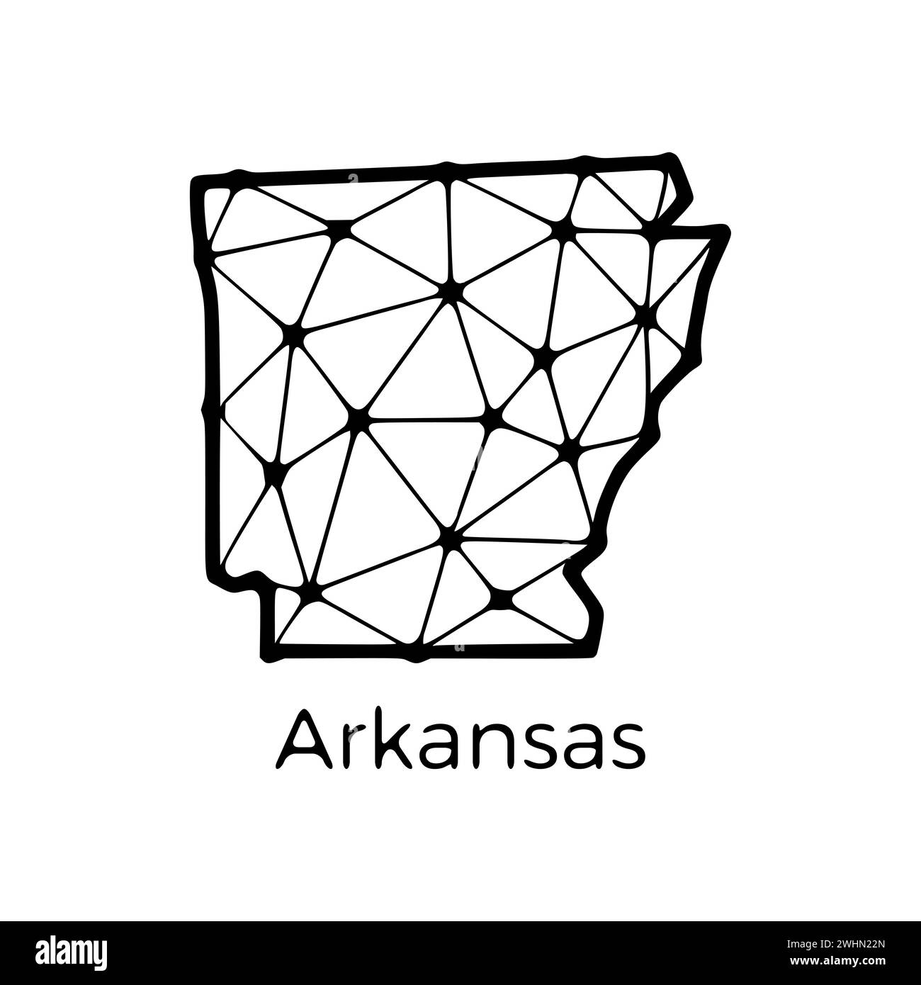 Illustrazione poligonale della mappa di stato dell'Arkansas fatta di linee e punti, isolata su sfondo bianco. STATI UNITI: Design a basso poli Foto Stock