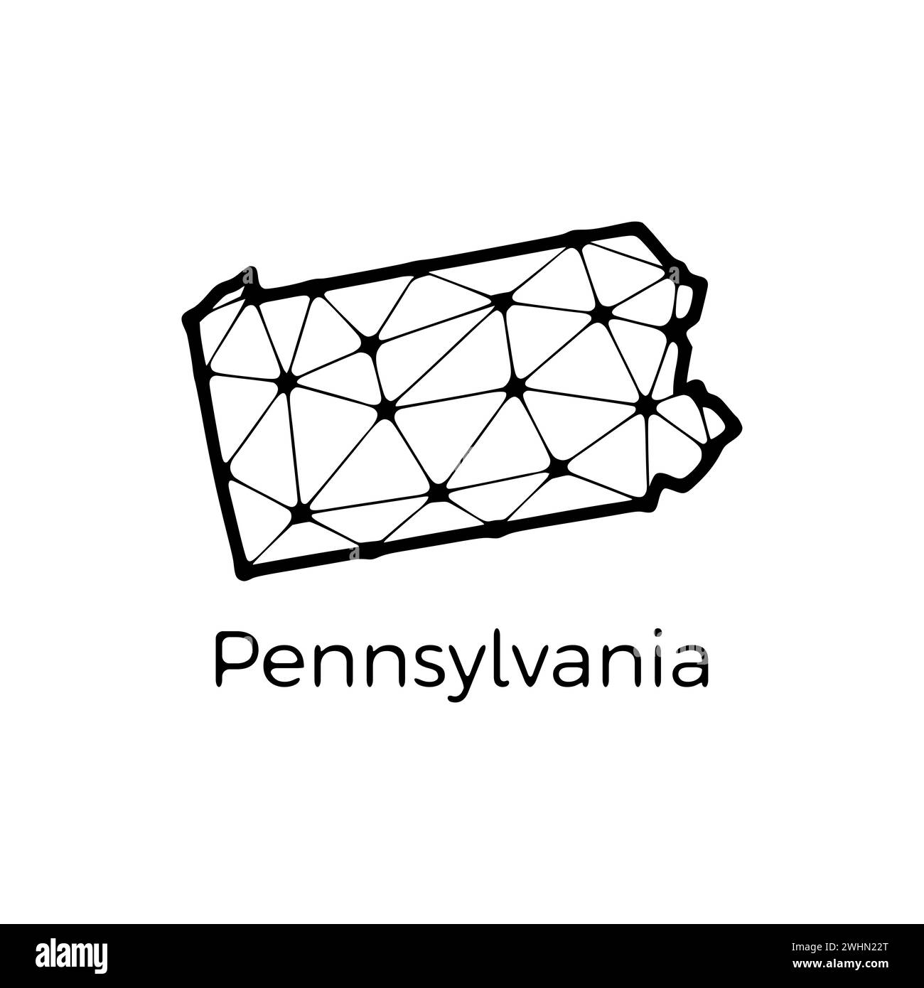 Mappa dello stato della Pennsylvania illustrazione poligonale fatta di linee e punti, isolata su sfondo bianco. STATI UNITI: Design a basso poli Foto Stock