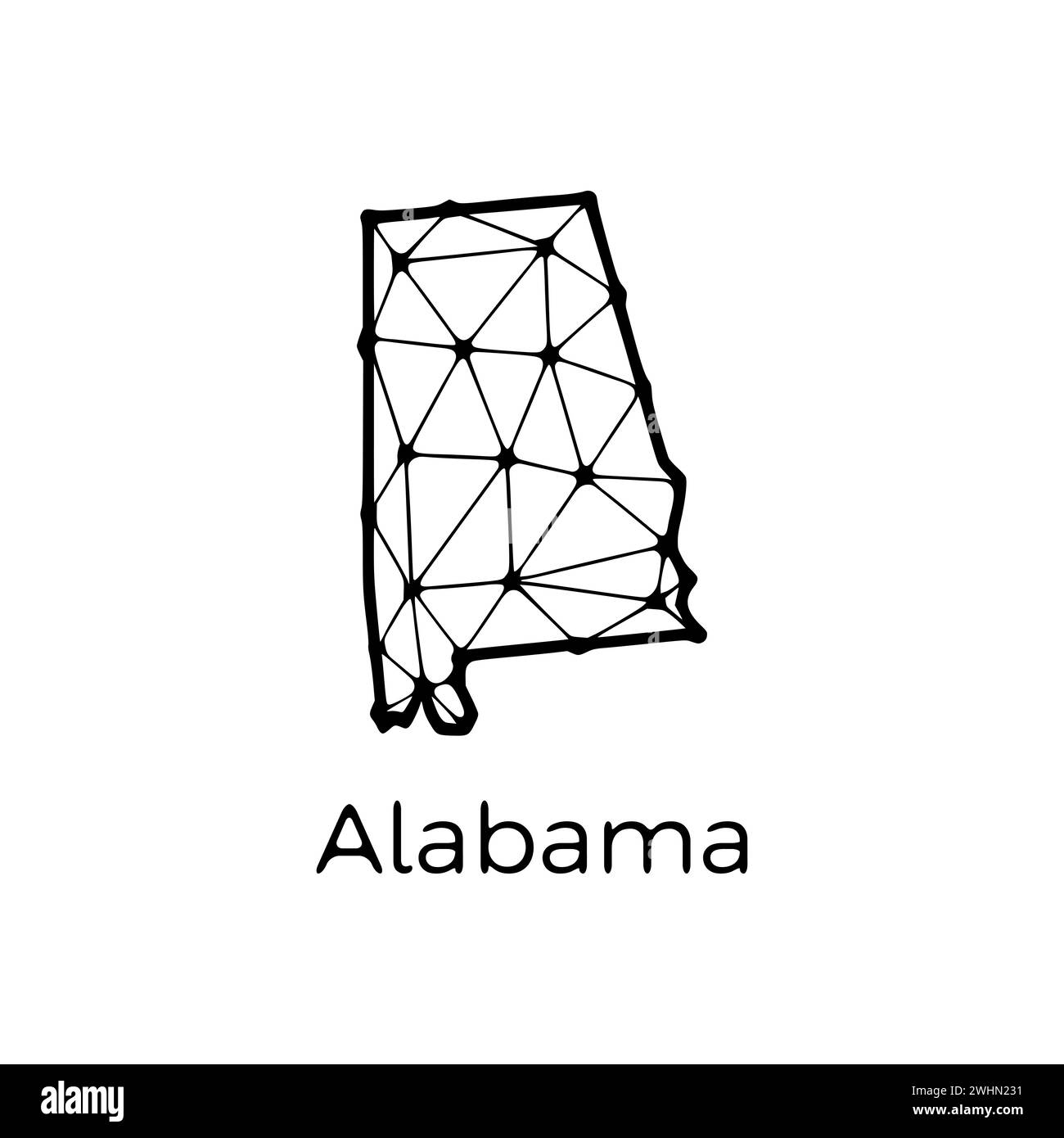 Mappa dello stato dell'Alabama illustrazione poligonale fatta di linee e punti, isolata su sfondo bianco. STATI UNITI: Design a basso poli Foto Stock