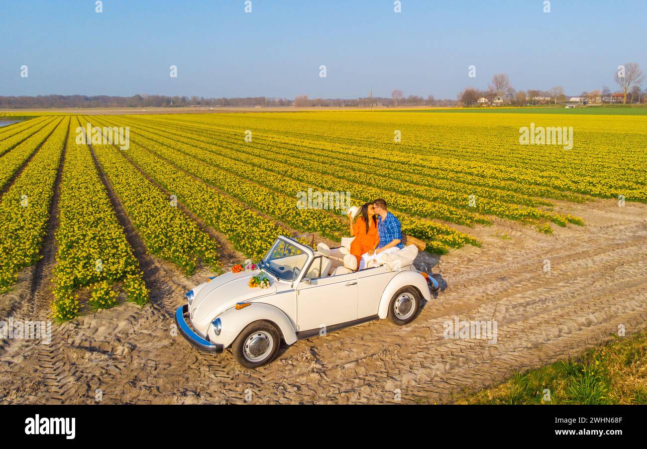 Coppia che fa un viaggio su strada con una vecchia auto d'epoca nella regione olandese dei fiori con campi di tulipani Foto Stock