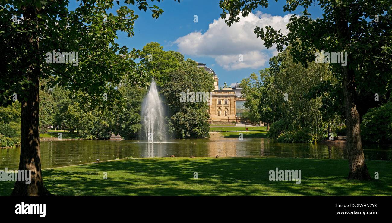 Fontana nel laghetto, Parco paesaggistico di Warmer Damm, Wiesbaden, Assia, Germania, Europa Foto Stock