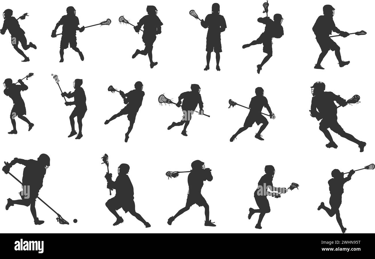 Silhouette giocatore lacrosse, silhouette Lacrosse, clipart giocatore Lacrosse, icona giocatore Lacrosse. Illustrazione Vettoriale