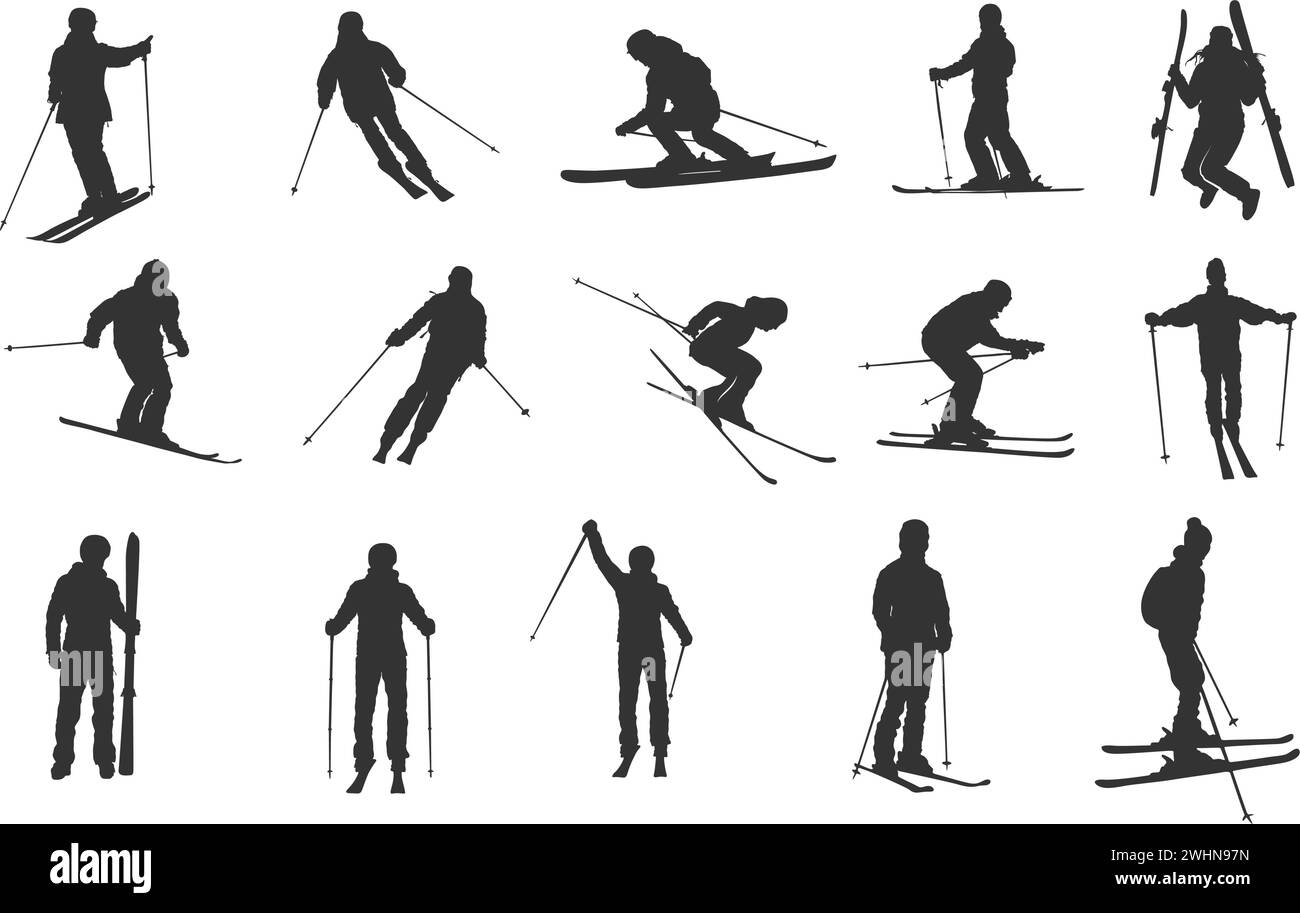 Silhouette da sci, silhouette da sciatore, silhouette da sci, set vettoriale da sciatore, silhouette da snowboard, silhouette sportiva invernale. Illustrazione Vettoriale