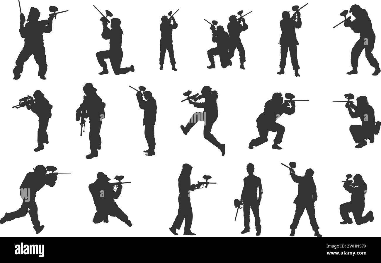 Silhouette giocatore Paintball, Clipart giocatore Paintball, silhouette paintball, illustrazione vettoriale giocatore Paintball. Illustrazione Vettoriale