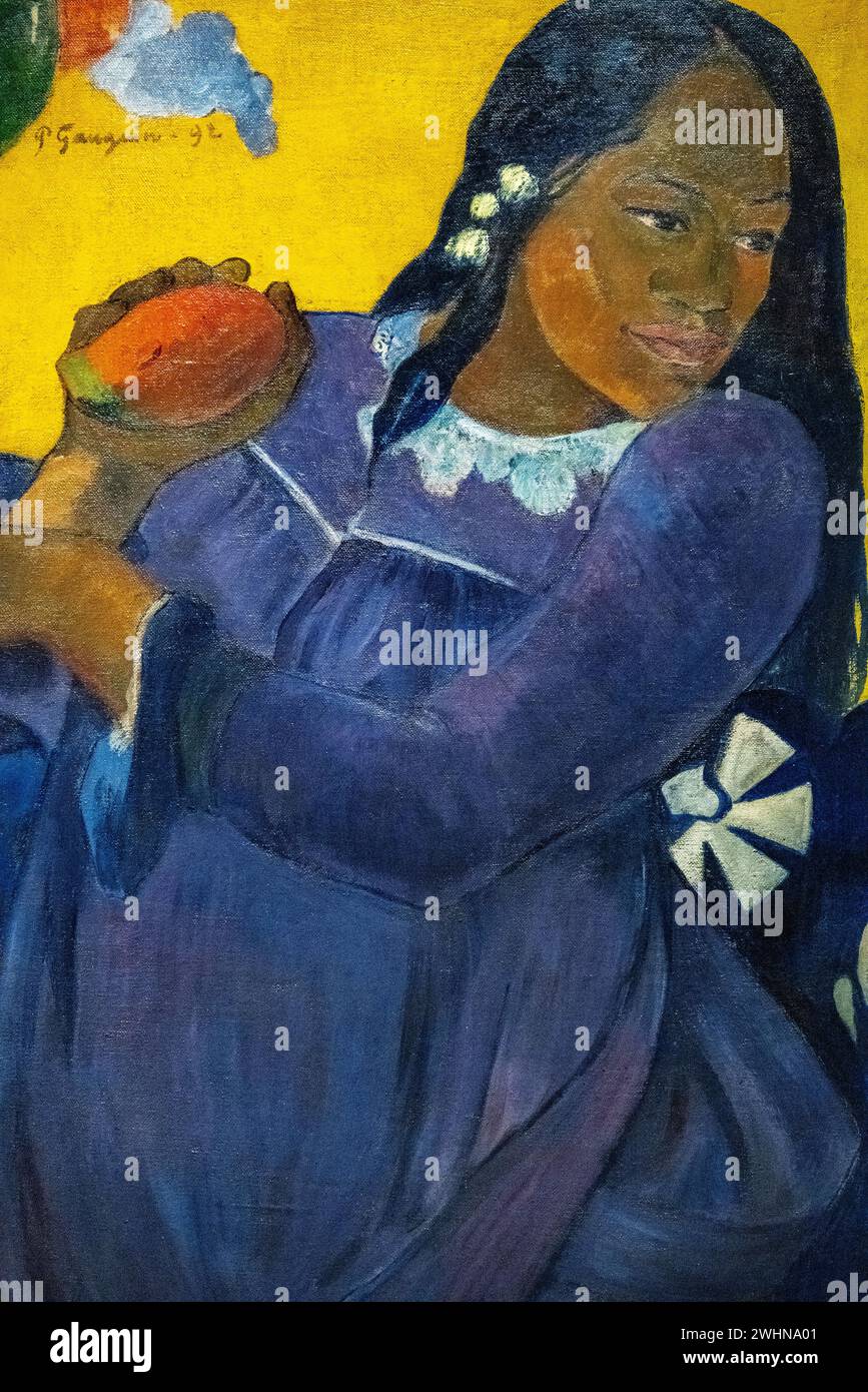 Dipinto di Paul Gauguin del 1892, olio su tela, chiamato 'Vahine no te vi (donna del mango)' in mostra al Museo d'Arte di Baltimora Foto Stock