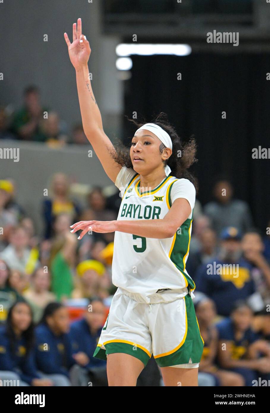 Waco, Texas, Stati Uniti. 10 febbraio 2024. La guardia dei Baylor Lady Bears Darianna Littlepage-Buggs (5) celebra un tiro di 3 punti da un membro della squadra durante la seconda metà della partita di basket NCAA tra i West Virginia Mountaineers e Baylor Lady Bears al Foster Pavilion di Waco, Texas. Matthew Lynch/CSM/Alamy Live News Foto Stock