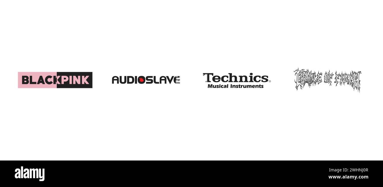 Audioslave, Technics, Blackpink, Cradle of Filth. Illustrazione vettoriale, logo editoriale. Illustrazione Vettoriale