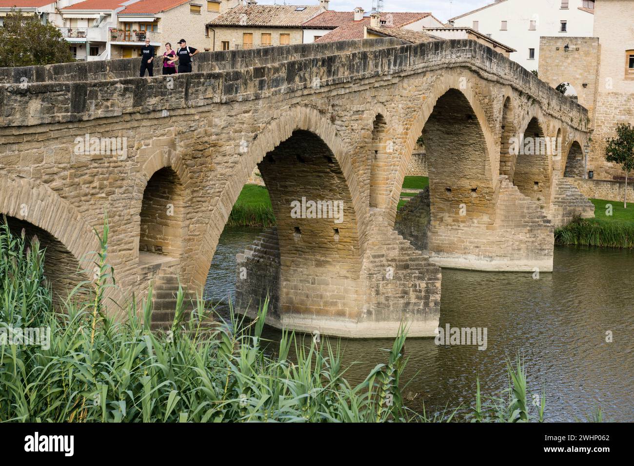 Puente romÃ¡nico sobre el rÃ­o Arga Foto Stock