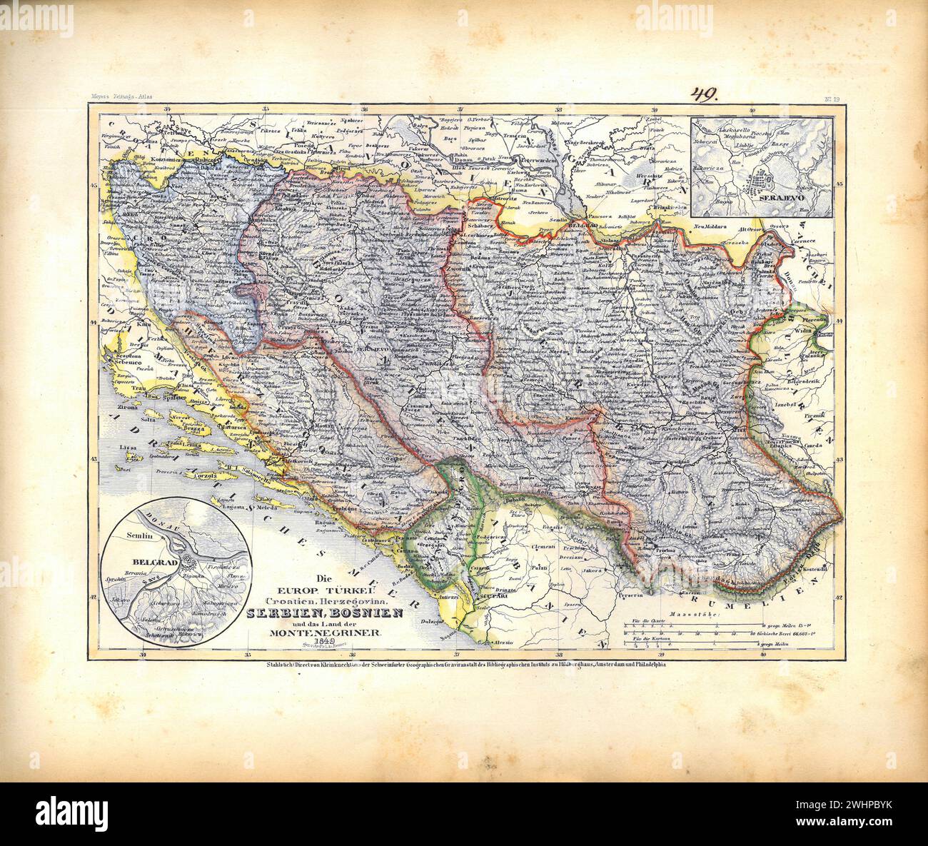 Il giornale di Meyer Atlas 019 - Turchia europea: Croazia, Erzegovina, Serbia, Bosnia e la terra dei montenegrini. 1849 Foto Stock