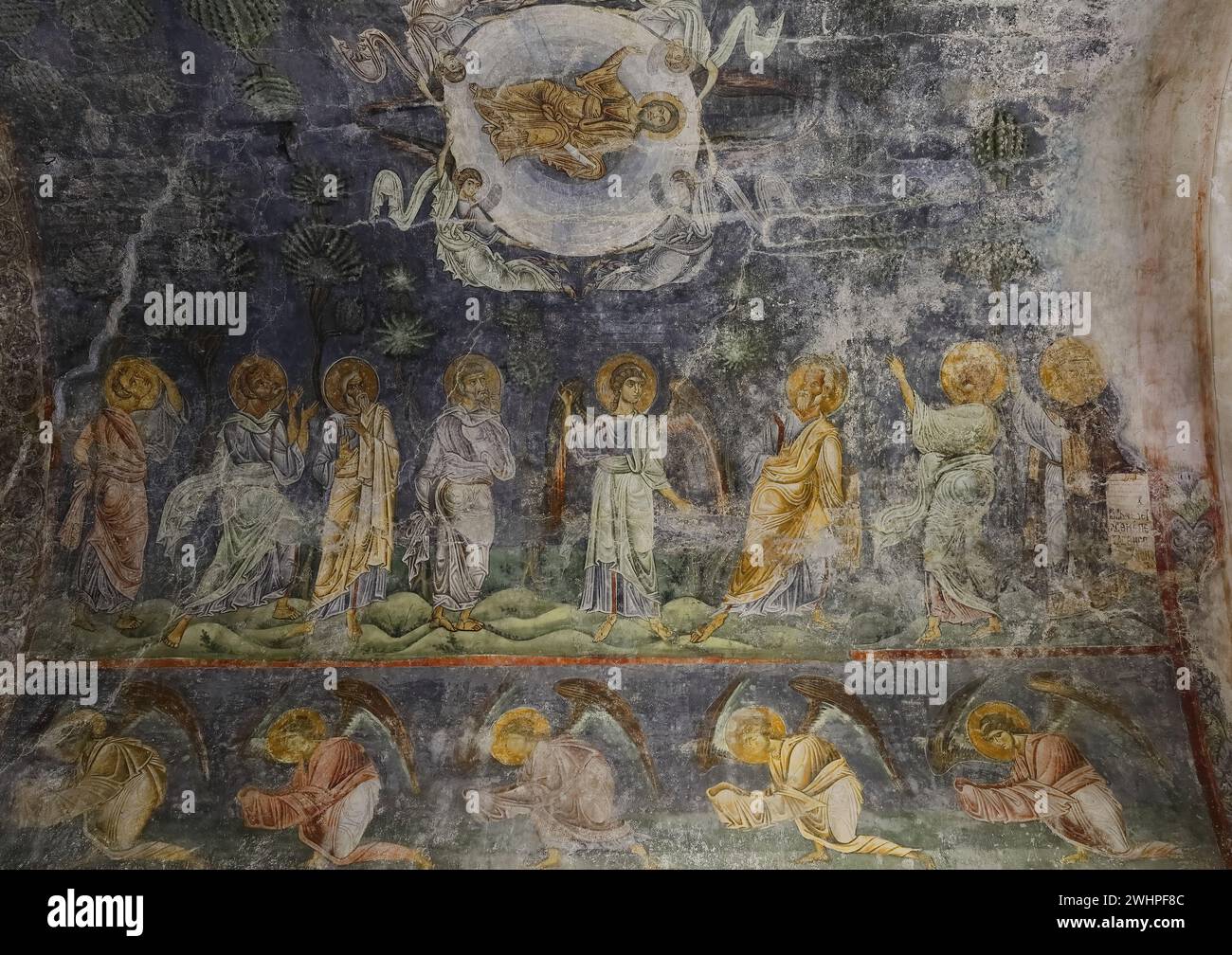 310 affresco dell'Ascensione del Signore, c.1140-1150, sul soffitto a volta dell'altare della chiesa di Santa Sofia -Crkva Sveta Sofija. Ohrid-Macedonia del Nord. Foto Stock