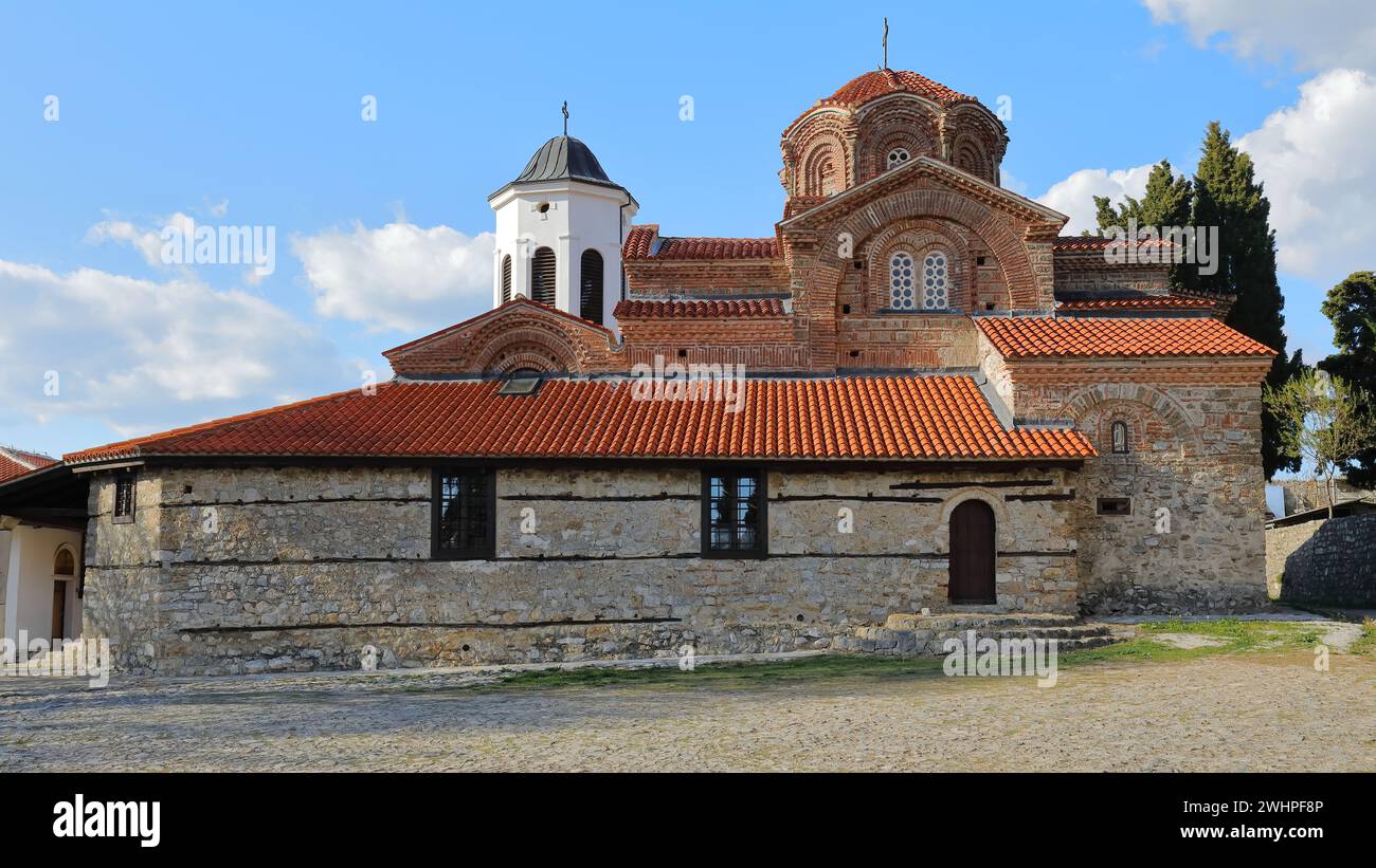 325 veduta del muro meridionale, Chiesa della madre di Dio Perivleptos - Crkva Presveta Bogorodica - risalente al 1295 d.C. Ohrid-Macedonia del Nord. Foto Stock