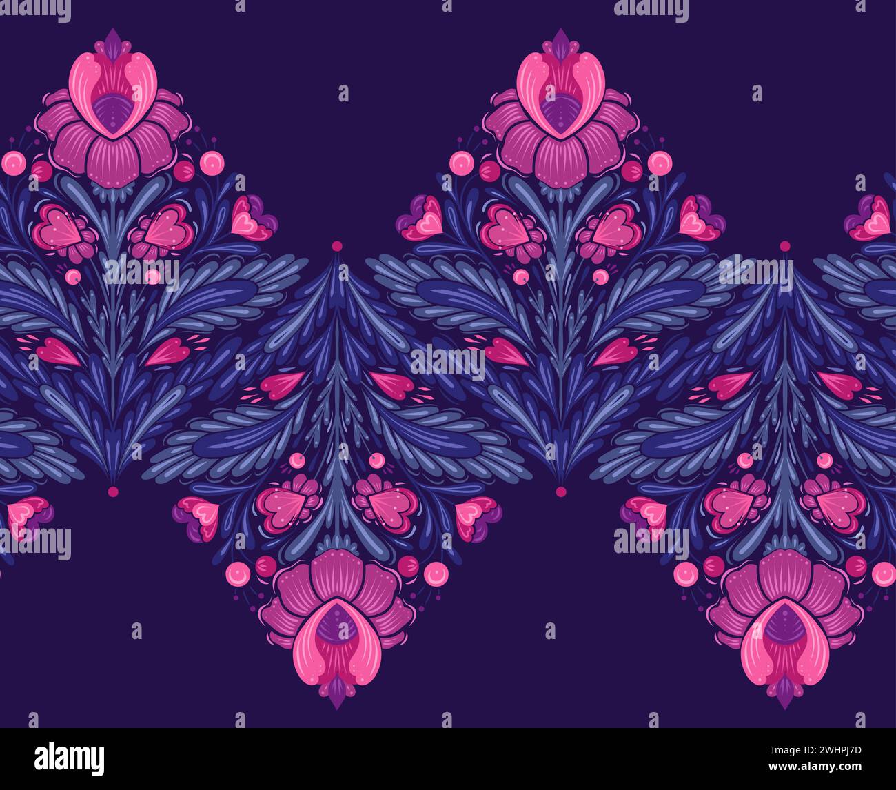 Bordo floreale Vector Festive senza cuciture. Fregio decorativo di arte popolare con fiori simmetrici, cuori e steli con fogliame su sfondo viola Illustrazione Vettoriale