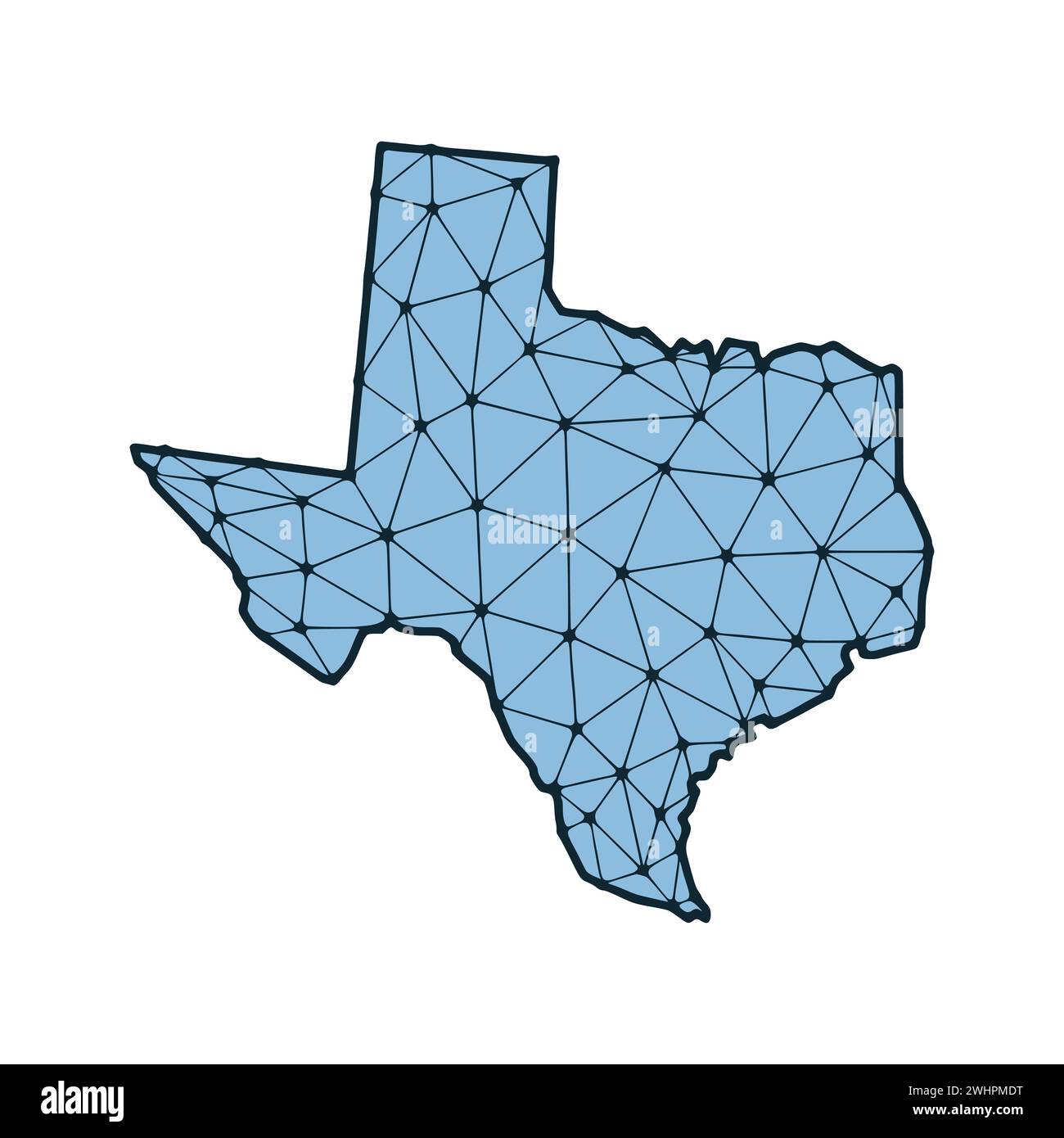 Illustrazione poligonale della mappa dello stato del Texas fatta di linee e punti, isolata su sfondo bianco. STATI UNITI: Design a basso poli Foto Stock