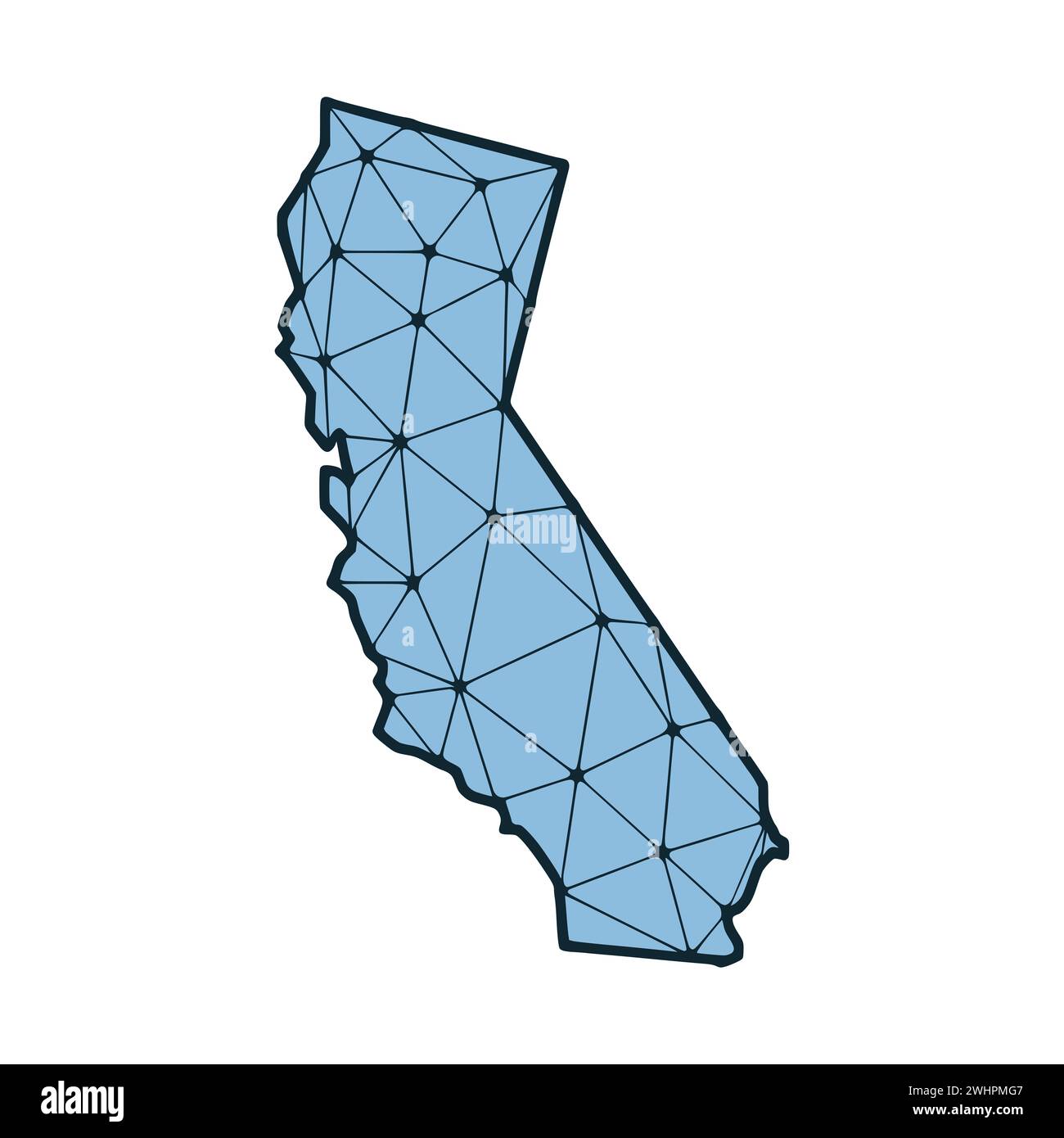 Mappa dello stato della California illustrazione poligonale fatta di linee e punti, isolata su sfondo bianco. STATI UNITI: Design a basso poli Foto Stock