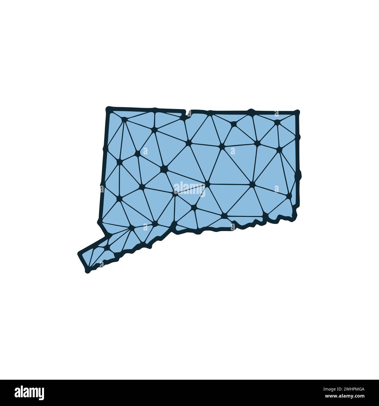 Illustrazione poligonale della mappa dello stato del Connecticut fatta di linee e punti, isolata su sfondo bianco. STATI UNITI: Design a basso poli Foto Stock