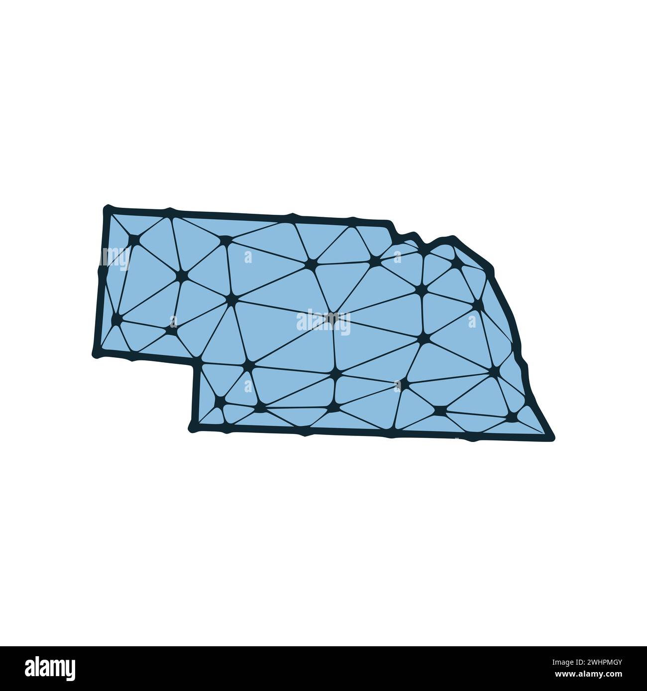 Illustrazione poligonale della mappa di stato del Nebraska fatta di linee e punti, isolata su sfondo bianco. STATI UNITI: Design a basso poli Foto Stock