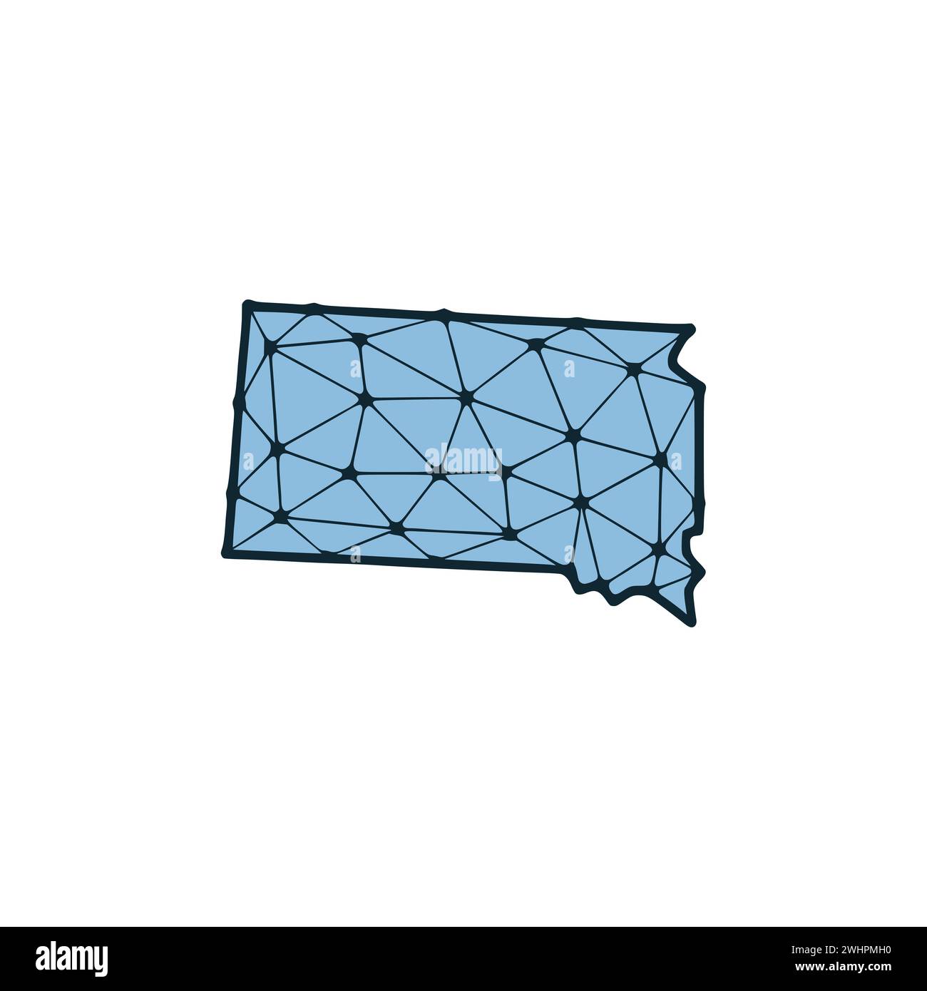 Illustrazione poligonale della mappa di stato del South Dakota fatta di linee e punti, isolata su sfondo bianco. STATI UNITI: Design a basso poli Foto Stock