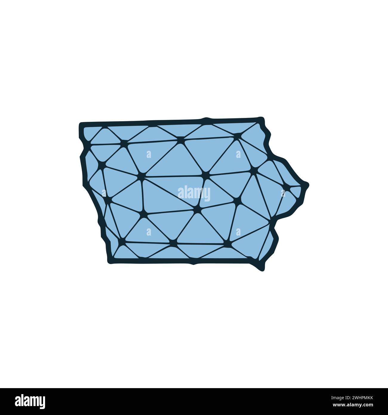 Illustrazione poligonale della mappa dello stato dell'Iowa fatta di linee e punti, isolata su sfondo bianco. STATI UNITI: Design a basso poli Foto Stock