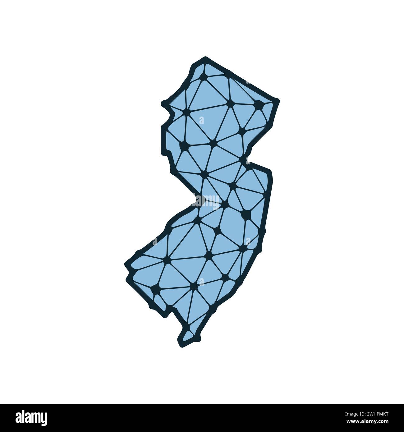 Illustrazione poligonale della mappa dello stato del New Jersey composta da linee e punti, isolata su sfondo bianco. STATI UNITI: Design a basso poli Foto Stock
