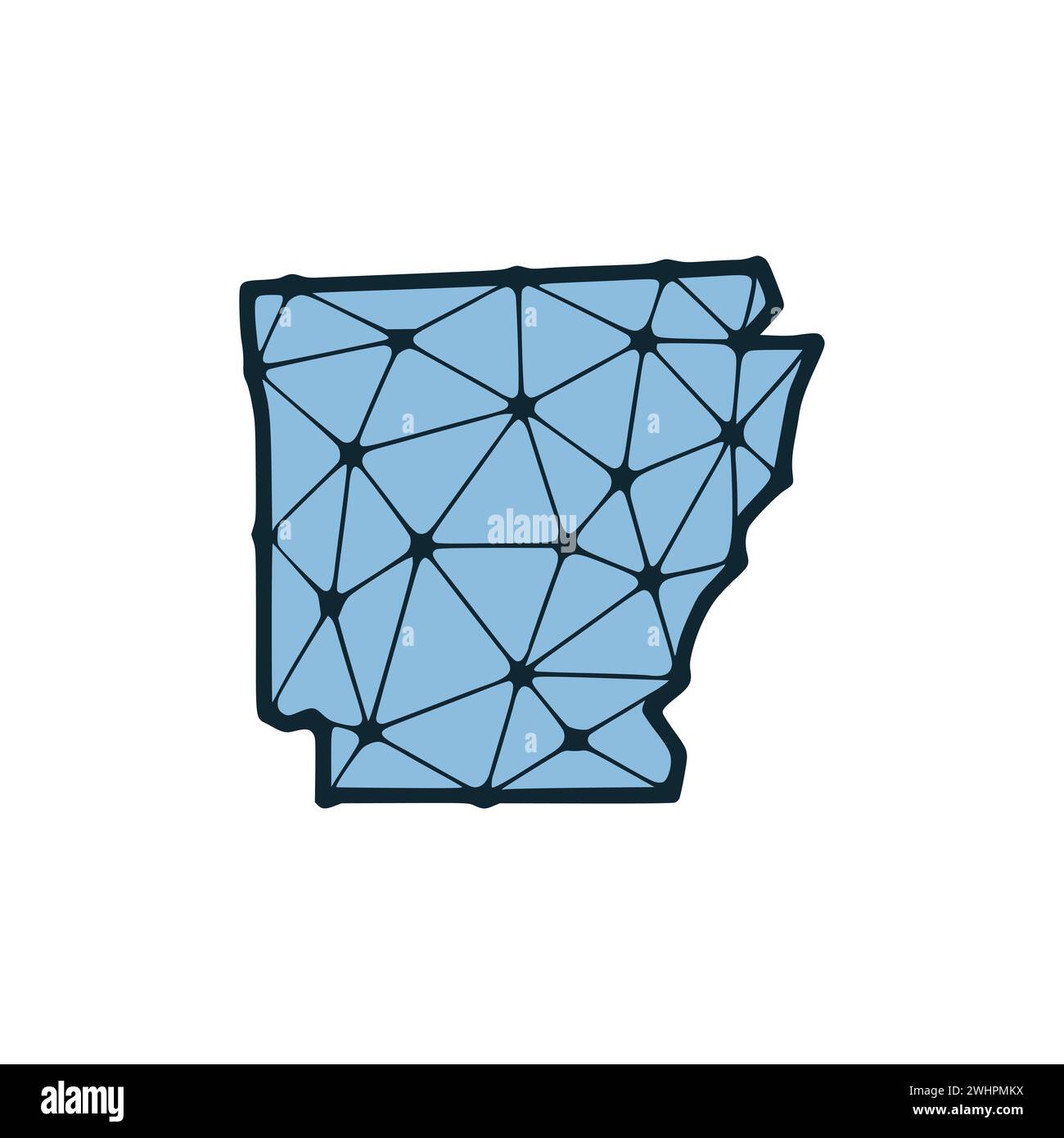 Illustrazione poligonale della mappa di stato dell'Arkansas fatta di linee e punti, isolata su sfondo bianco. STATI UNITI: Design a basso poli Foto Stock