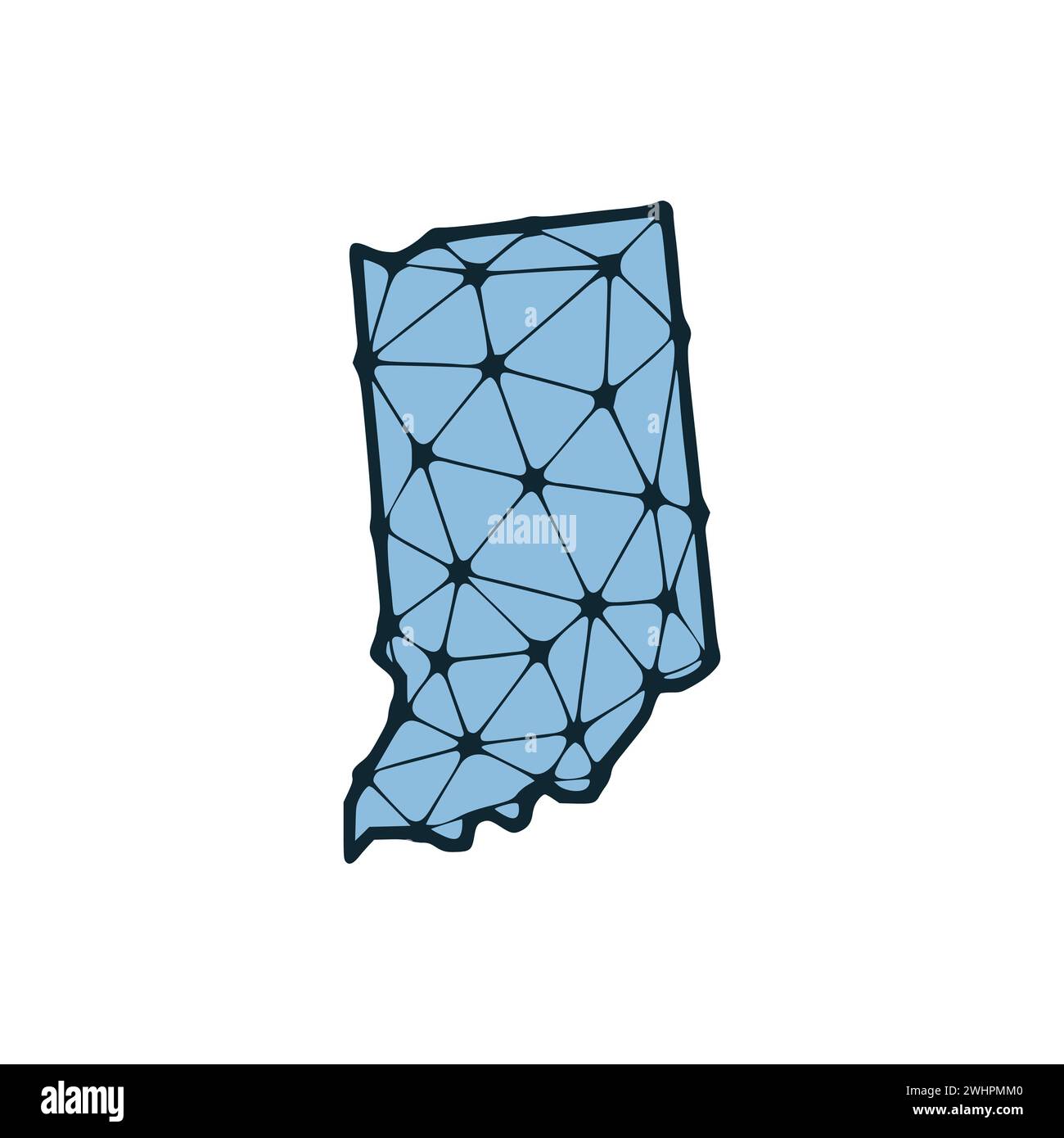 Illustrazione poligonale della mappa dello stato dell'Indiana composta da linee e punti, isolata su sfondo bianco. STATI UNITI: Design a basso poli Foto Stock