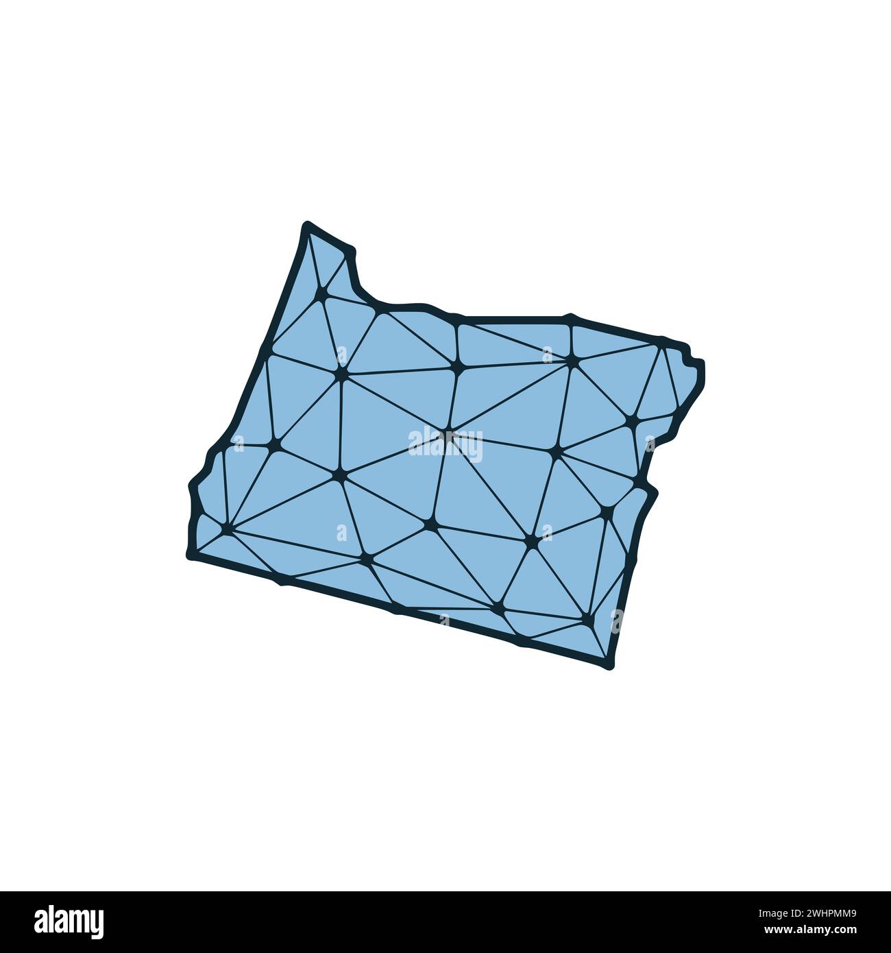 Illustrazione poligonale della mappa dello stato dell'Oregon fatta di linee e punti, isolata su sfondo bianco. STATI UNITI: Design a basso poli Foto Stock