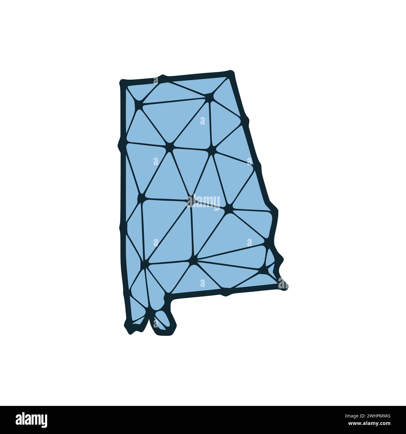 Mappa dello stato dell'Alabama illustrazione poligonale fatta di linee e punti, isolata su sfondo bianco. STATI UNITI: Design a basso poli Foto Stock