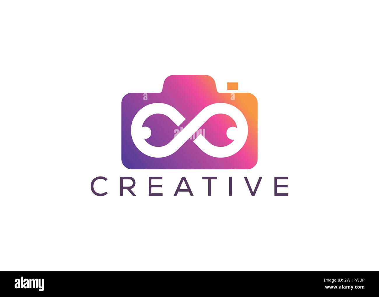 Modello vettoriale dal design minimalista del logo della fotocamera infinity. Logo creativo e moderno per servizio fotografico all'infinito Illustrazione Vettoriale
