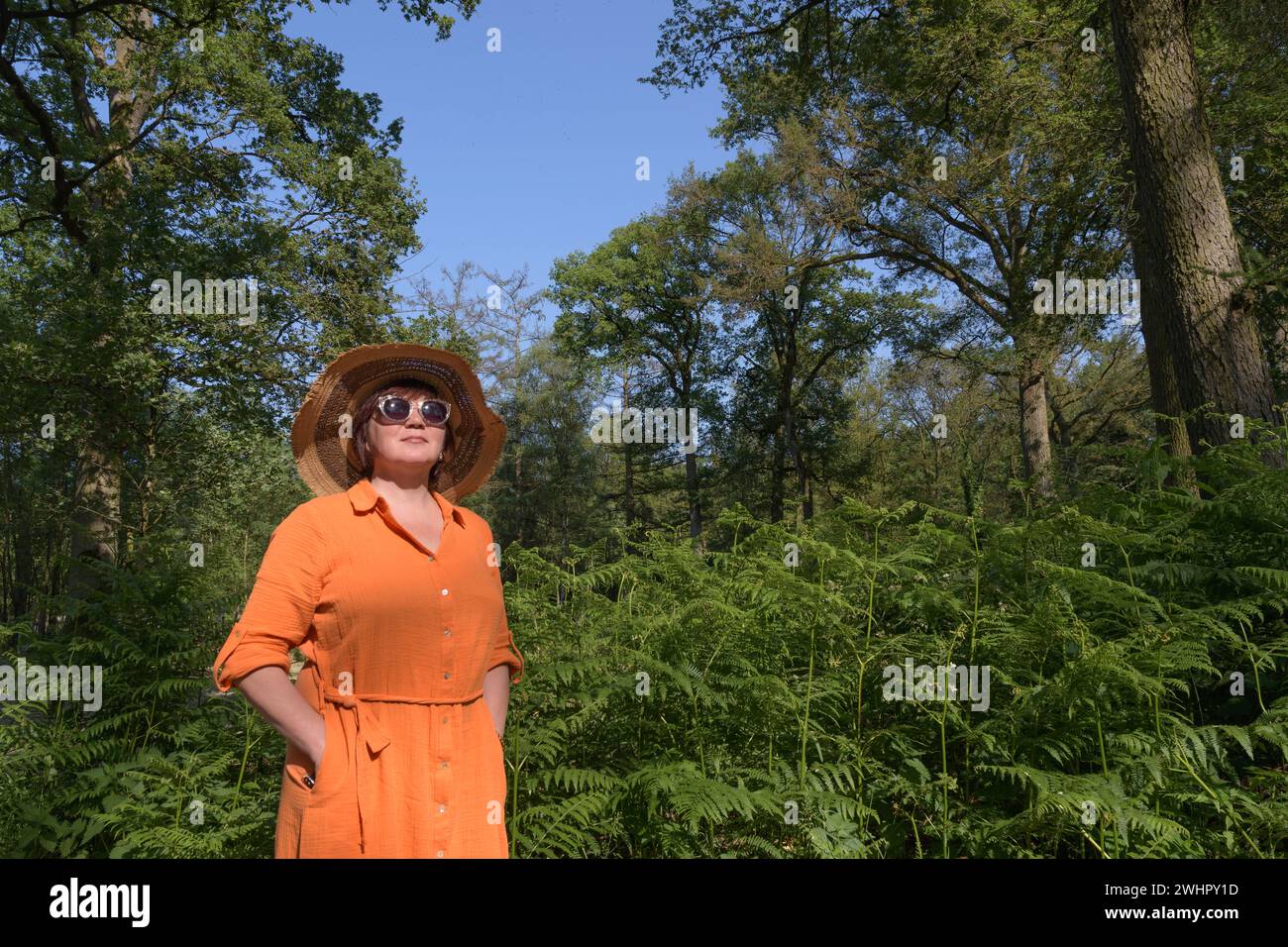 Una donna di mezza età in un parco estivo. Abito arancione, occhiali da sole e cappello di paglia Foto Stock