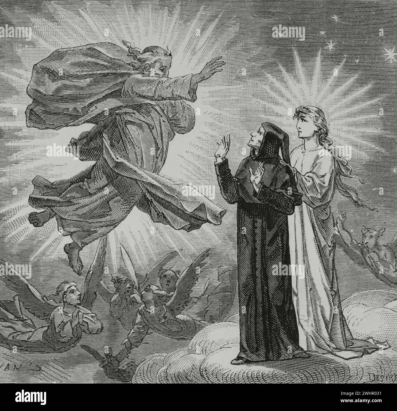 La Divina Commedia (1307-1321). Poema narrativo italiano del poeta italiano Dante Alighieri (1265-1321). Il Paradiso. "Allora lo spirito aggiunse alle sue prime parole..." Illustrazione di Yann Dargent (1824-1899). Incisione. Pubblicato a Parigi, 1888. Foto Stock