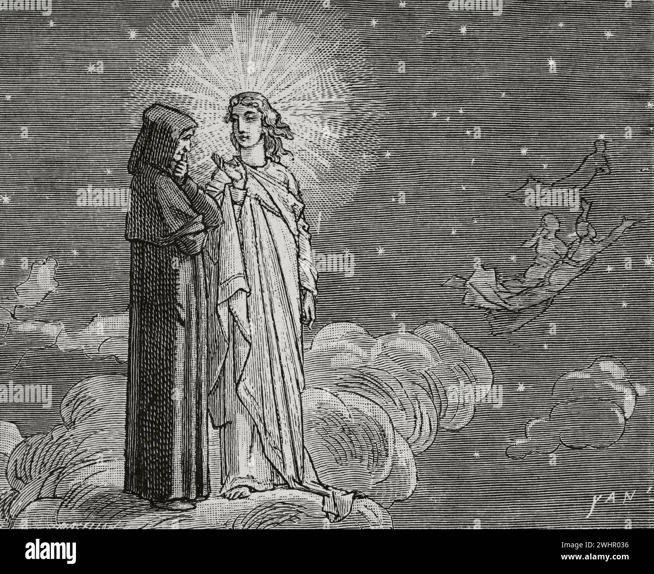 La Divina Commedia (1307-1321). Poema narrativo italiano del poeta italiano Dante Alighieri (1265-1321). Il Paradiso. Beatrice... ho iniziato a dirmi... Illustrazione di Yann Dargent (1824-1899). Incisione. Pubblicato a Parigi, 1888. Foto Stock