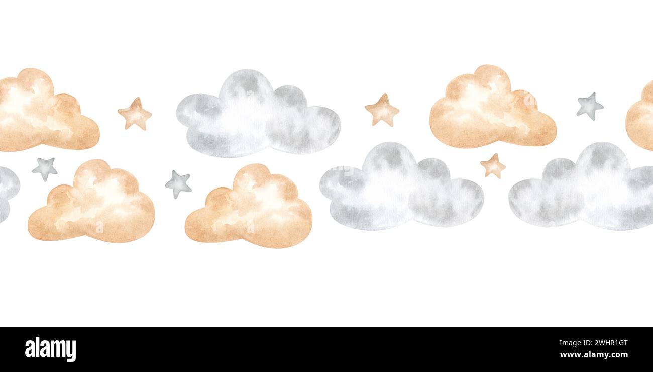 Illustrazione della cornice ad acquerello con bordo senza giunture nuvola. Schema cielo e stelle per la stanza del bambino. Modello disegnato a mano su sfondo isolato. Ninnananna e nuri Foto Stock