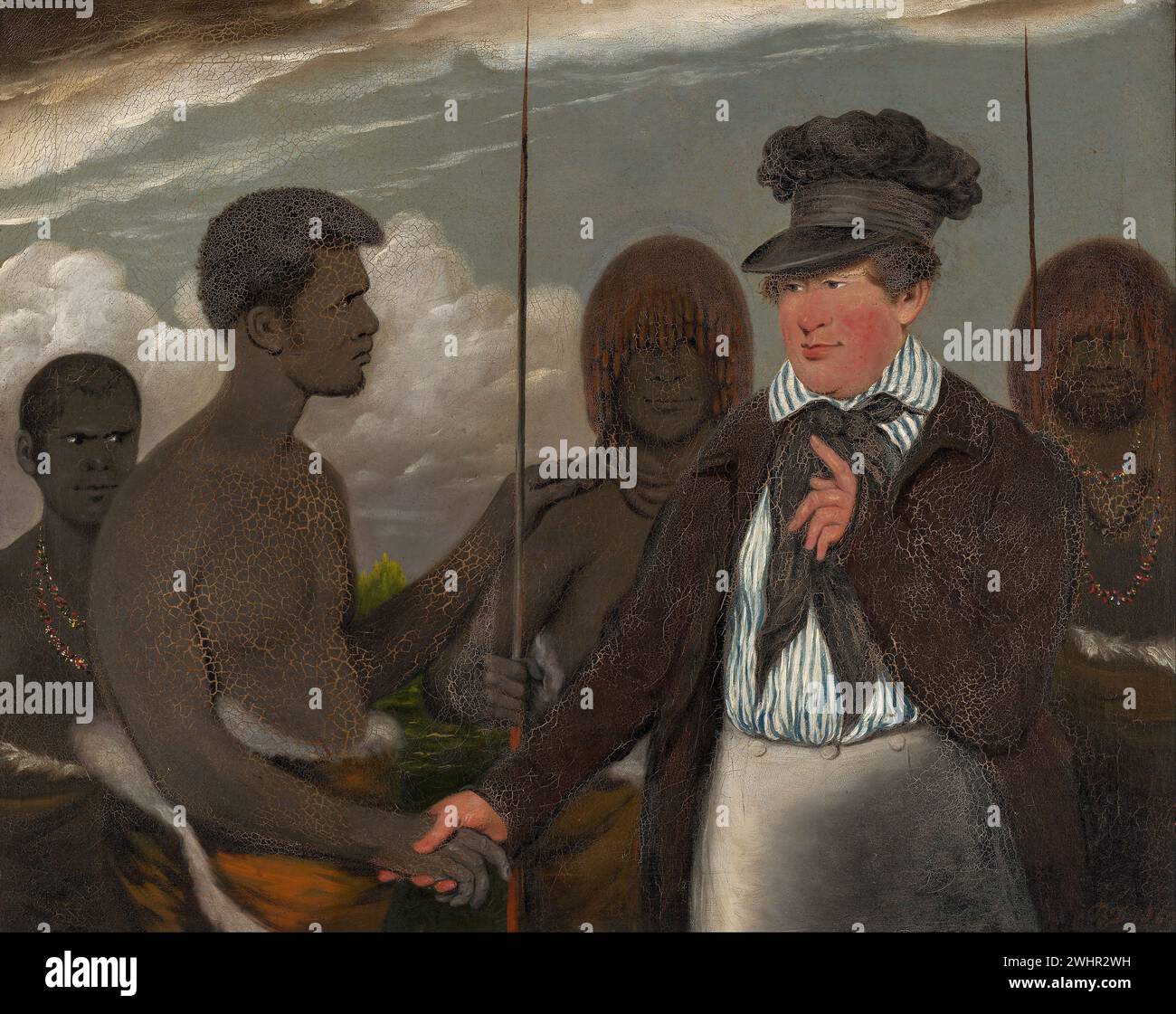 'La prima intervista del signor Robinson a Timmy' 1840, olio su tela di Benjamin Duterrau. Raffigura l'incontro del funzionario coloniale britannico George Augustus Robinson con gli aborigeni australiani. Foto Stock