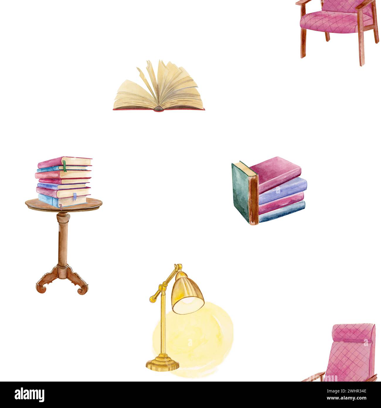 Composizione a motivo acquerello senza cuciture di una sedia rosa tenue, libro aperto con copertina rigida, piccolo tavolo con una pila di libri e una lampada da scrivania gialla Foto Stock
