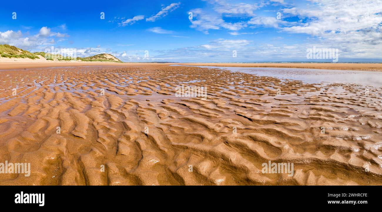 La splendida spiaggia sabbiosa di Newburgh ad Aberdeenhsire, in Scozia, in una giornata di sole Foto Stock