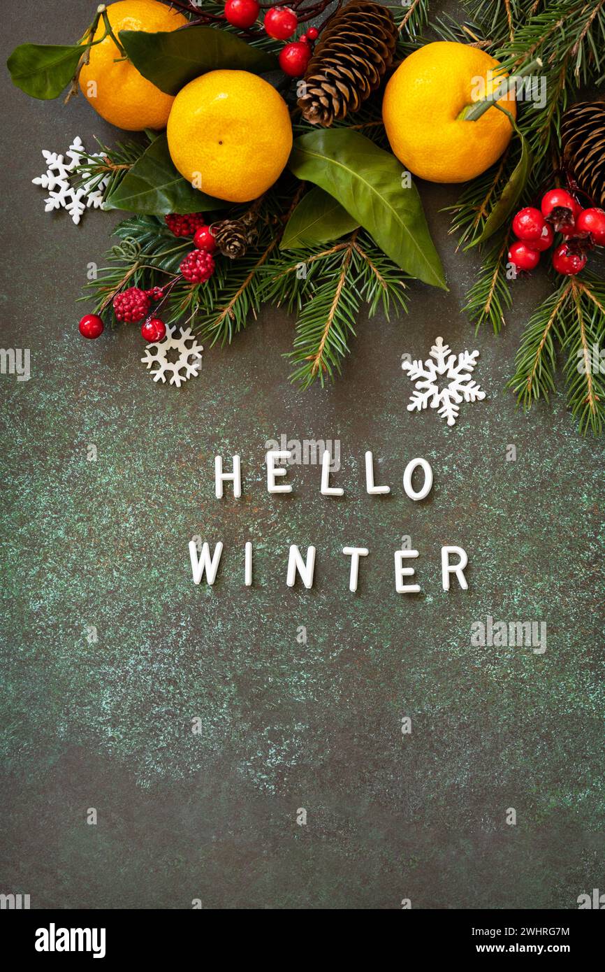 Salve, messaggio invernale. Atmosfera invernale accogliente. Composizione invernale con rami di abete, coni e mandarini su fondo in pietra. Stagioni g Foto Stock