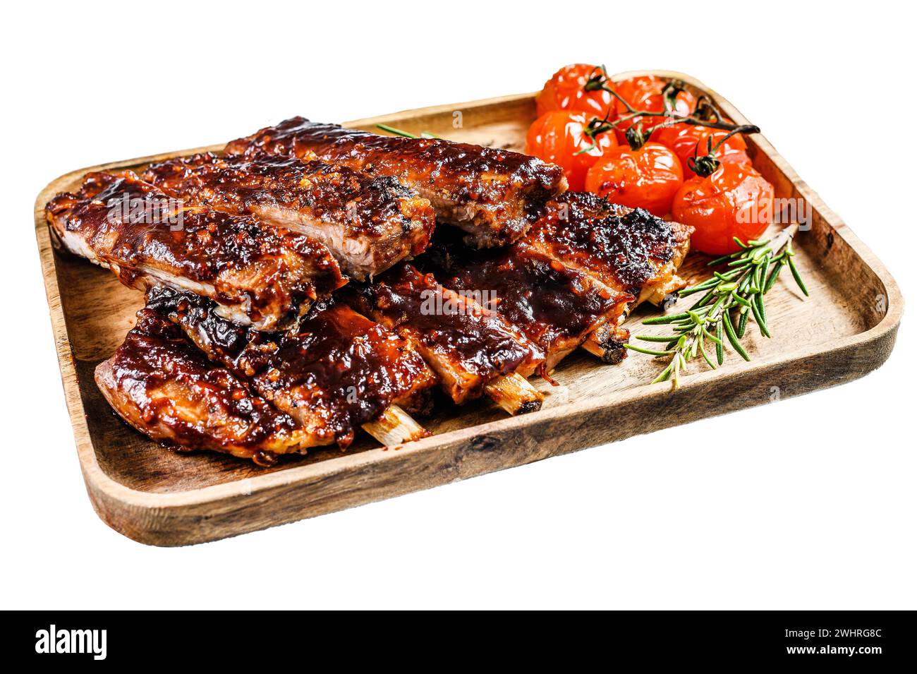 Costolette di maiale arrosto a fette. Carne alla griglia. Isolato su sfondo bianco. Vista dall'alto Foto Stock