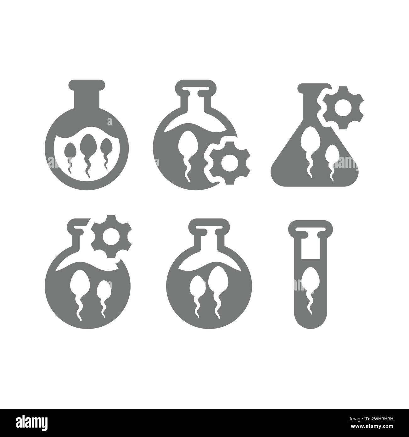 Set di icone del vettore dello sperma nella provetta di analisi. Icone della vetreria in vitro e da laboratorio. Illustrazione Vettoriale