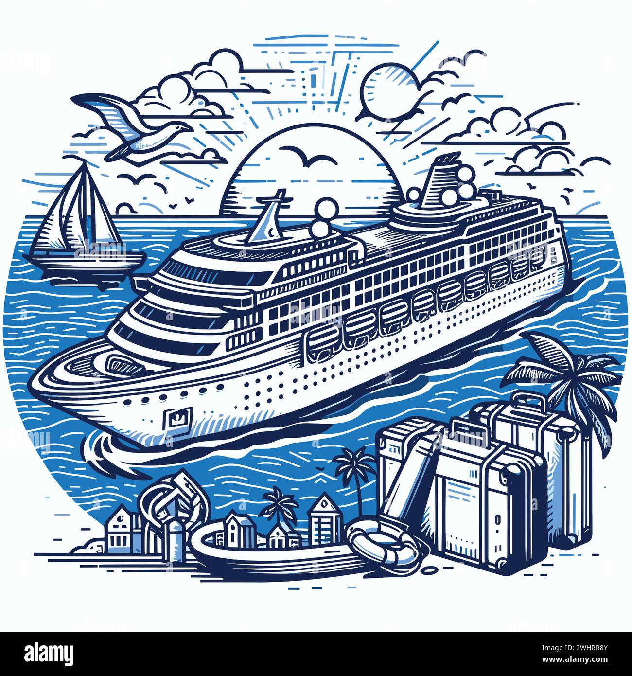 Illustrazione contemporanea delle navi da crociera con sfondo urbano Illustrazione Vettoriale