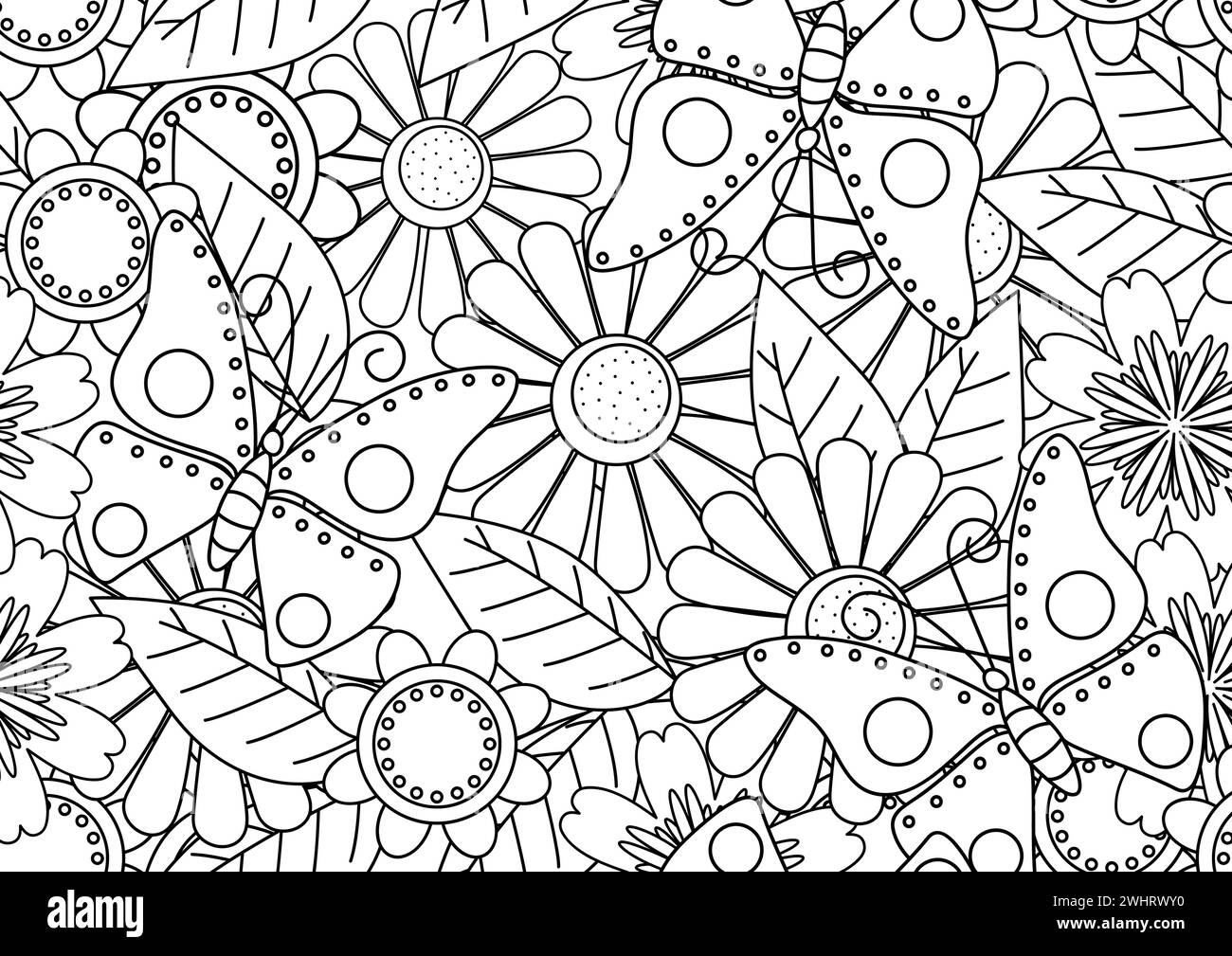 Arte murale doodle di farfalle e fiori, illustrazione vettoriale motivo senza cuciture Illustrazione Vettoriale