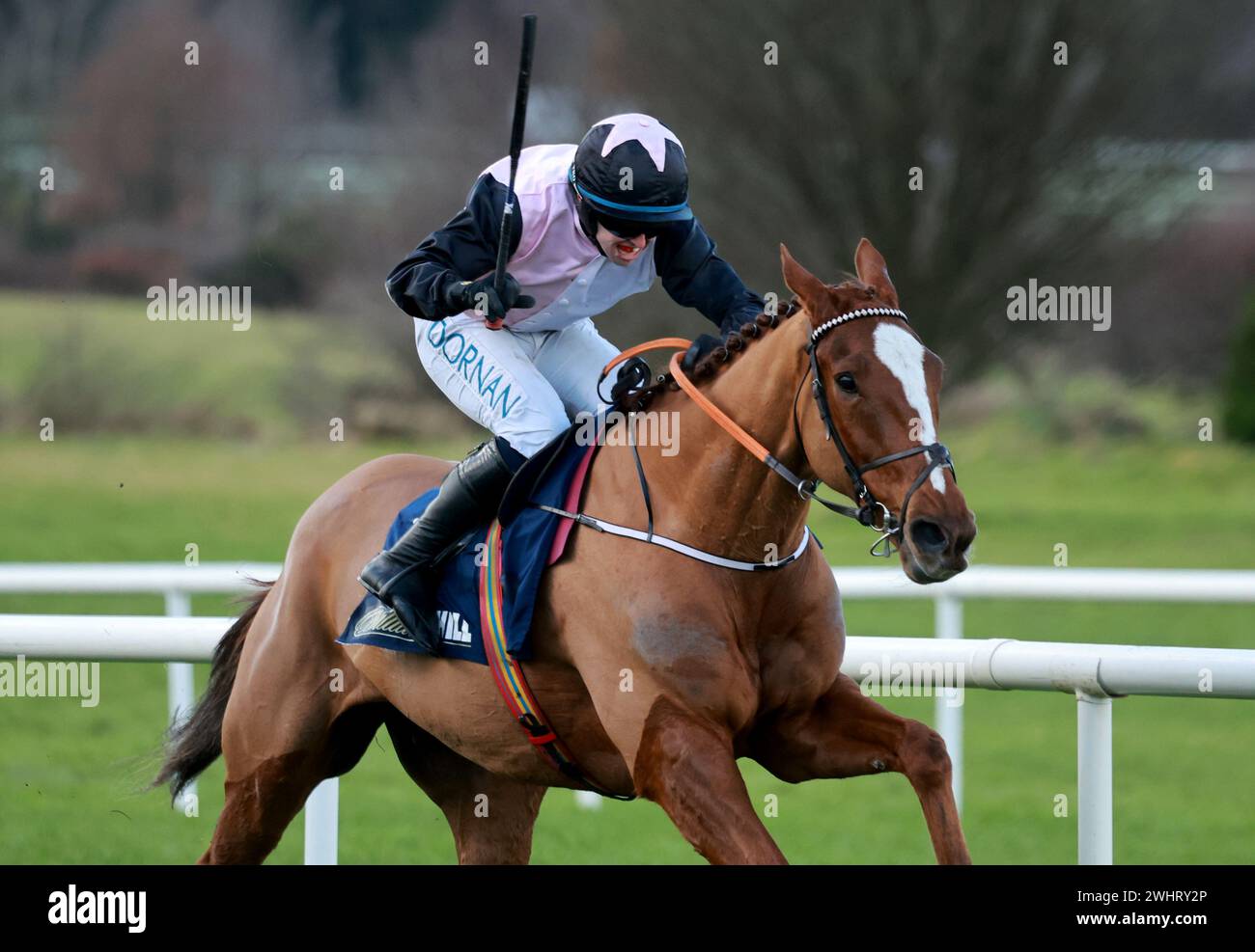 Il lago Hiddenvalley è attraversato dal fantino Darragh o'Keeffe, sulla strada per vincere l'ostacolo William Hill Boyne all'ippodromo Navan nella contea di Meath, Irlanda. Data foto: Domenica 11 febbraio 2024. Foto Stock