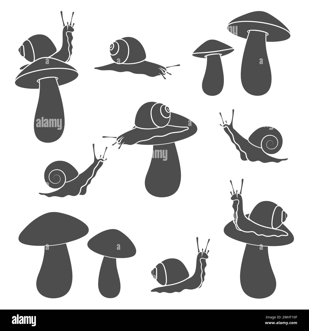 Set di illustrazioni in bianco e nero con lumache e funghi. Oggetti vettoriali isolati su sfondo bianco. Illustrazione Vettoriale