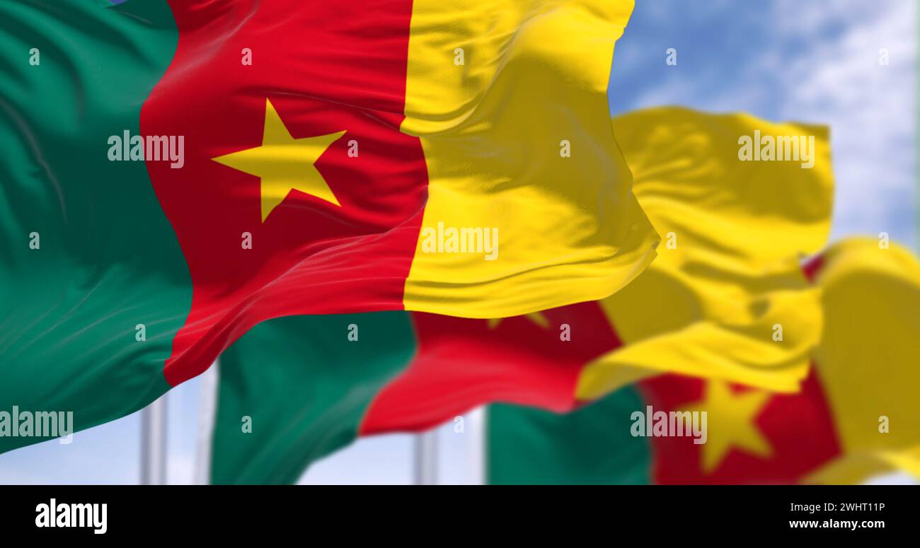 Tre bandiere nazionali del Camerun che sventolano nel vento Foto Stock