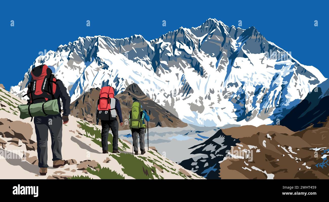 Parete rocciosa sud del monte Lhotse e tre escursionisti, illustrazione vettoriale, valle di Khumbu, area dell'Everest, montagne dell'himalaya del Nepal Illustrazione Vettoriale