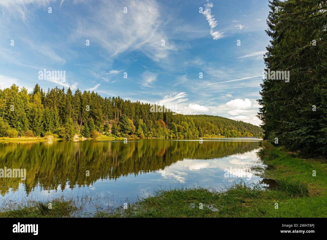Vista sul lago artificiale Luetsche nella foresta della Turingia Foto Stock