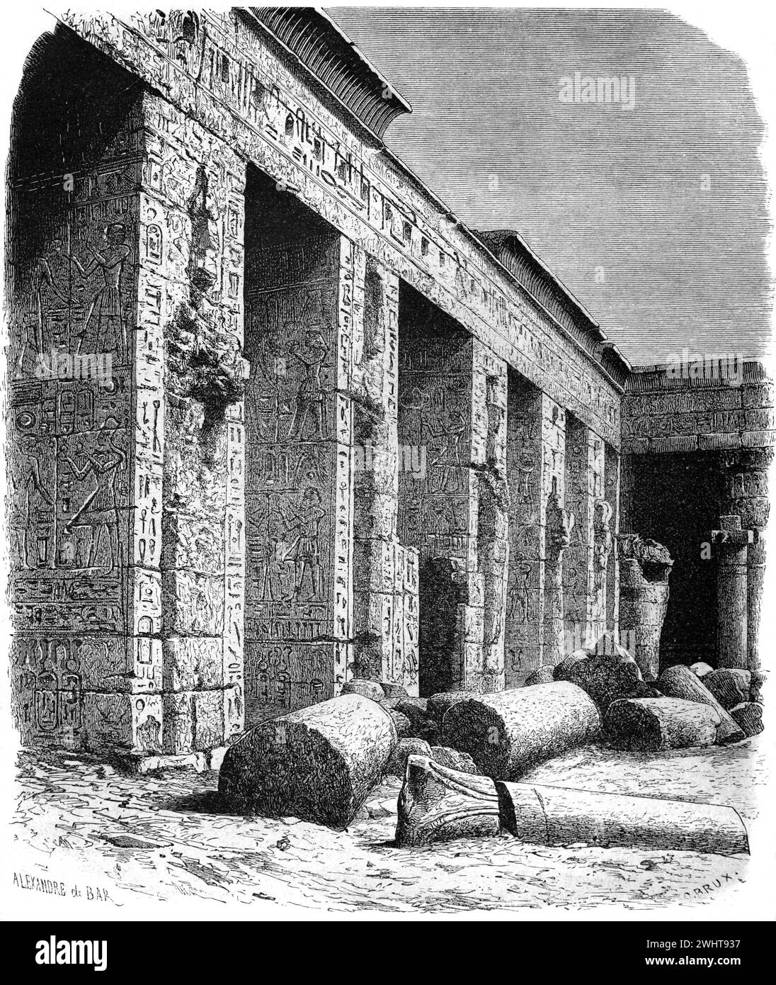 Cortile interno con massicce colonne di pietra di Medinet Habu, tempio funerario di Ramses II (c9th a.C.) in Egitto. Incisione d'epoca o storica o illustrazione 1863 Foto Stock